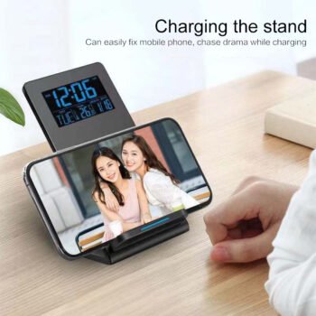 Alarm Clock Wireless Charger Mobile Phone Holder Perpetual Calendar Temperature Bedside Desktop